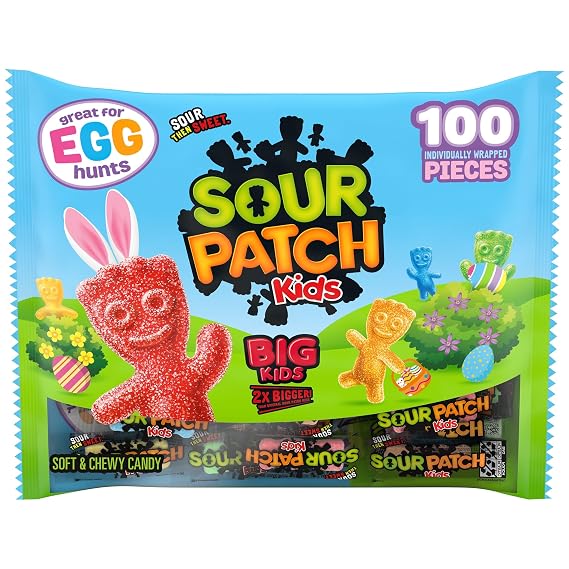 SOUR PATCH KIDS Big Kids Soft & Chewy Gummy Easter Candy, 100 Count | Individually Wrapped, Bulk Candy