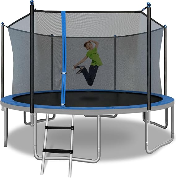 Round Trampoline with Heavy Duty Galvanized Rust Resistent Steel Frame: 6-Pole Safety Enclosure Combo, Meets ASTM Safety Standard, 14 Ft - Blue