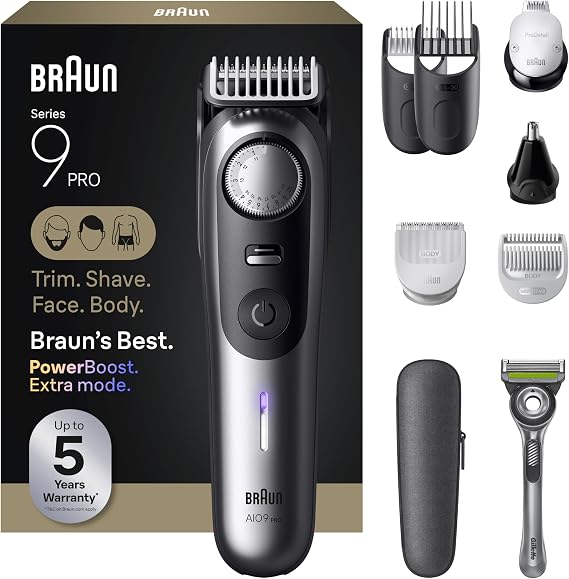 Braun All-in-One Series 9 PRO Men's Electric Beard Trimmer, Hair Clipper, Shaver & Razor for Face, Hair & Body, AIO 9550 with Gillette Labs Razor, Cordless