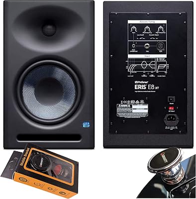Pair of PreSonus Eris E8 XT 8 inch Powered Studio Monitor 8 with Woven Composite LF Driver, 1.25 Silk-Dome HF Driver, EBM Waveguide with Gravity Magnet Phone Holder Bundle