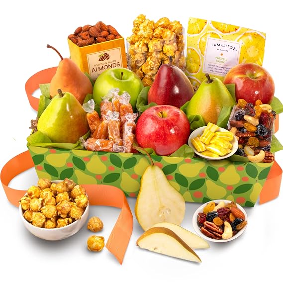 A Gift Inside Fresh Fruit Basket Gift Box with Mixed Fresh Fruit, Pears, Apples, Nuts & Sweet Snacks Gourmet Fruit Gift Basket for Every Occasion