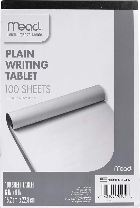 Mead Writing Tablet, 6" x 9" Paper Pad, Plain Note Pad, 100 Sheets (70104)