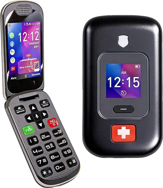A1776 4G Flip Phone with 4GB Storage, Dual Screen (3.2" Internal + 1.44" External), Big Button Senior Feature Phone, Front 2MP FF & Rear 5MP AF Camera, Charging Dock, SOS Emergency Call