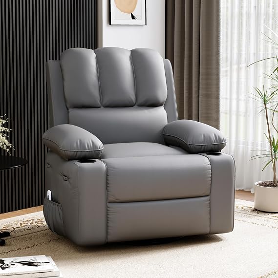 Garvee Oversized Swivel Rocker Recliner Chair - Heat and Massage, Leather Manual Recliner for Adults, Lazy Chair with Cup Holders, Comfort Arms and Back Single Sofa for Living Room