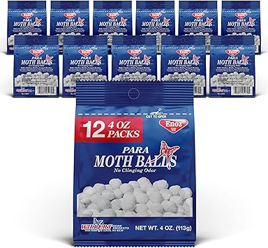 Enoz para Moth Balls for Closets and More - Kills Clothes Moths and Carpet Beetles - for Indoor Use - No Clinging Odor - 4 Oz, 12 Pack