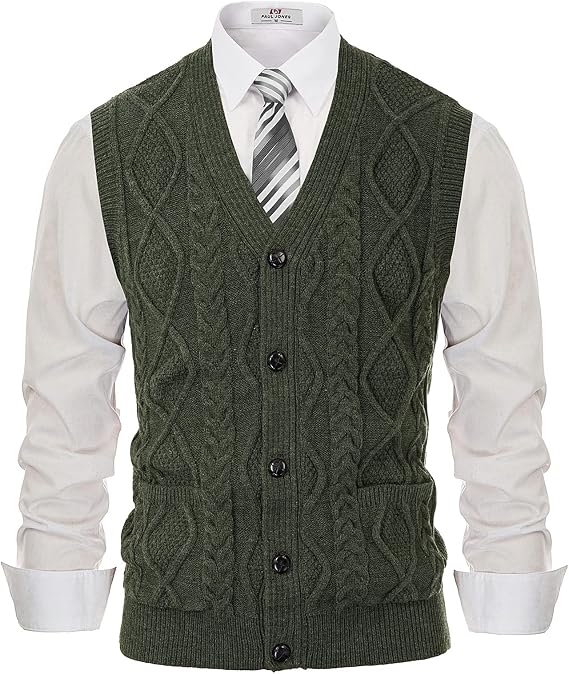PJ PAUL JONES Mens Cable Knit V Neck Sweater Vest Button Up | Sleeveless, Cardigan Sweater Vests with Pockets, Button Down, Knitted, Patterned, Regular Fit, Vintage, Retro, Dress, Casual