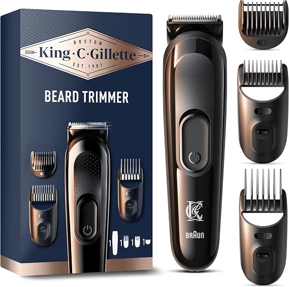 King C. Gillette Cordless Beard Trimmer, Electric Razor with Lifetime Sharp Blades, Includes 3 Interchangeable Hair Clipper Combs, Gifts for Men, 2 Pin UK Plug