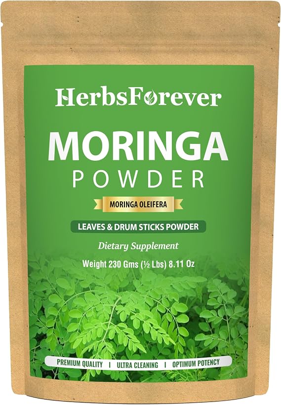 Moringa Oleifera Leaf & Drum Stick Powder| Supergreen Food for Drinks, Tea, Smoothies & Recipes| Antioxidants & Rich Vitamins |India Organic Grown -Non GMO | Ultra Clean| 230gm-1/2LBS