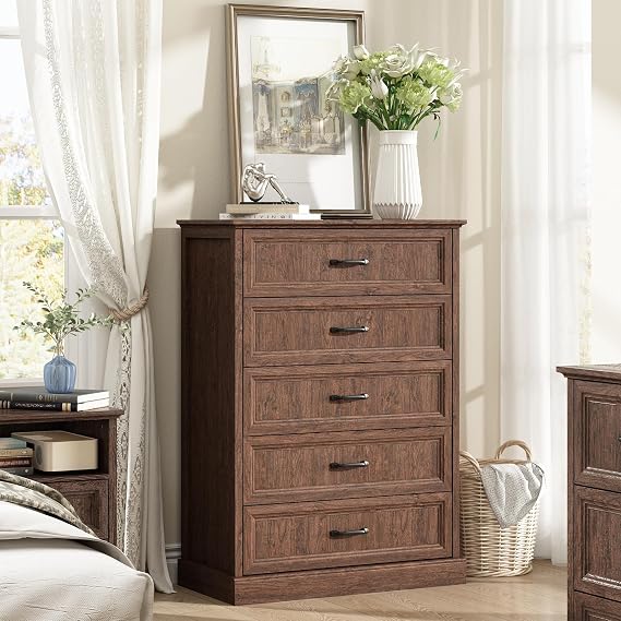 CARPETNAL Farmhouse 5 Drawer Dresser for Bedroom, 44" Tall Brown Dresser. | Wood Rustic Chest of Drawers with Wide Metal Handle,Drawer Organizer for Bedroom,Living Room,Hallway and Entryway