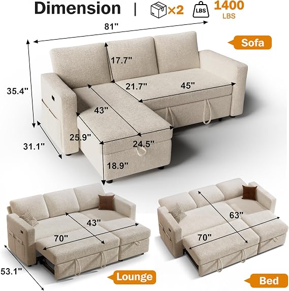 Vipbear 82" Sectional Sleeper Sofa with Pull Out Bed, Chenille Beige