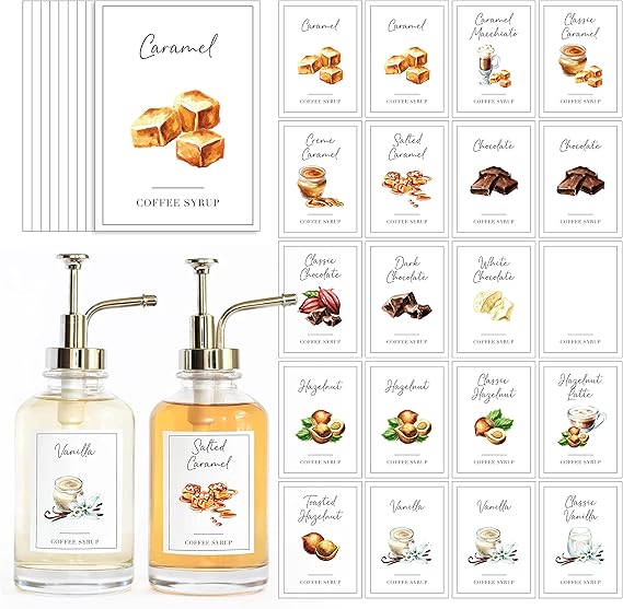 KYONANO 84 Coffee Syrup Labels for Coffee Bar Accessories, Vintage Pattern Decor for Coffee Station, Waterproof Coffee Labels for Coffee Syrup Dispenser & Bottle Organization