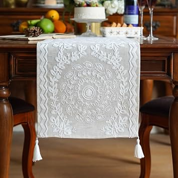 ARTABLE Table Runners Linen Fabric Elegant Embroidery Pattern Country Farmhouse Style for Coffee Tabletop Kitchen Home Dining Table (14 x 70 Inch, Linen)