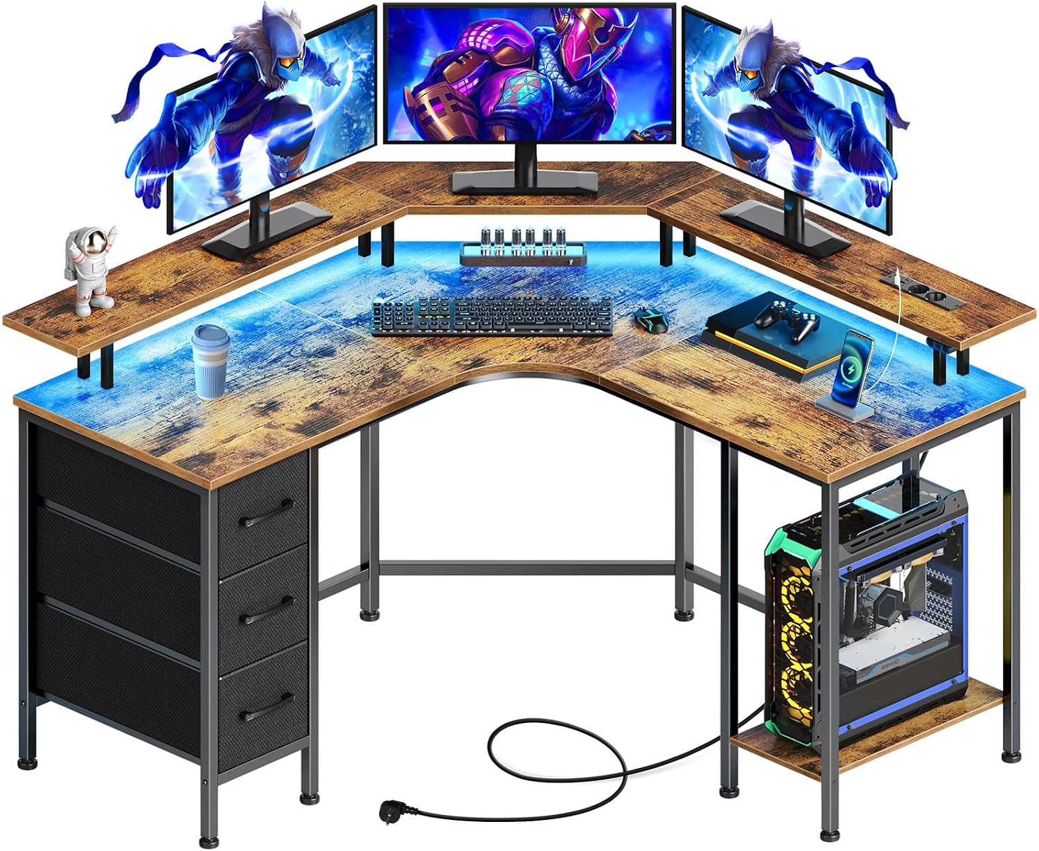 Seventable L-Shaped Gaming Desk with LED Lighting & Sockets Corner Desk with 3 Fabric Drawers & Shelf Computer Desk for Home Office & PC Gaming Rustic Brown 135 x 135 x 88 cm