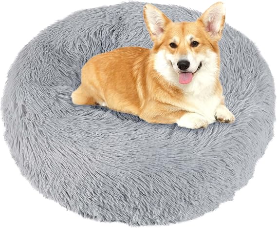 COCOYO Calming Dog Bed & Cat Bed, 31in Donut Washable Medium Pet Bed, Anti-Slip & Anti-Anxiety Fluffy Faux Fur Round Dogs Bed, Fits up to 50 lbs Pets