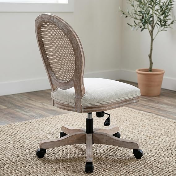 DUOMAY French Country Rattan Back Office Chair, Beige Linen Upholstered Mid Back Task Chair with Wood Frame, 360 Swivel, Adjustable Height & Casters for Home Office