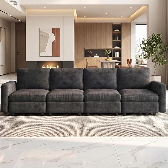 Miuuod 116.92" Modular Sectional Convertible Sofa, 4-Seater Couch with Deep Seat & Comfortable Cushions, Solid Wood Frame, Modern Living Room Sofa, Dark Grey