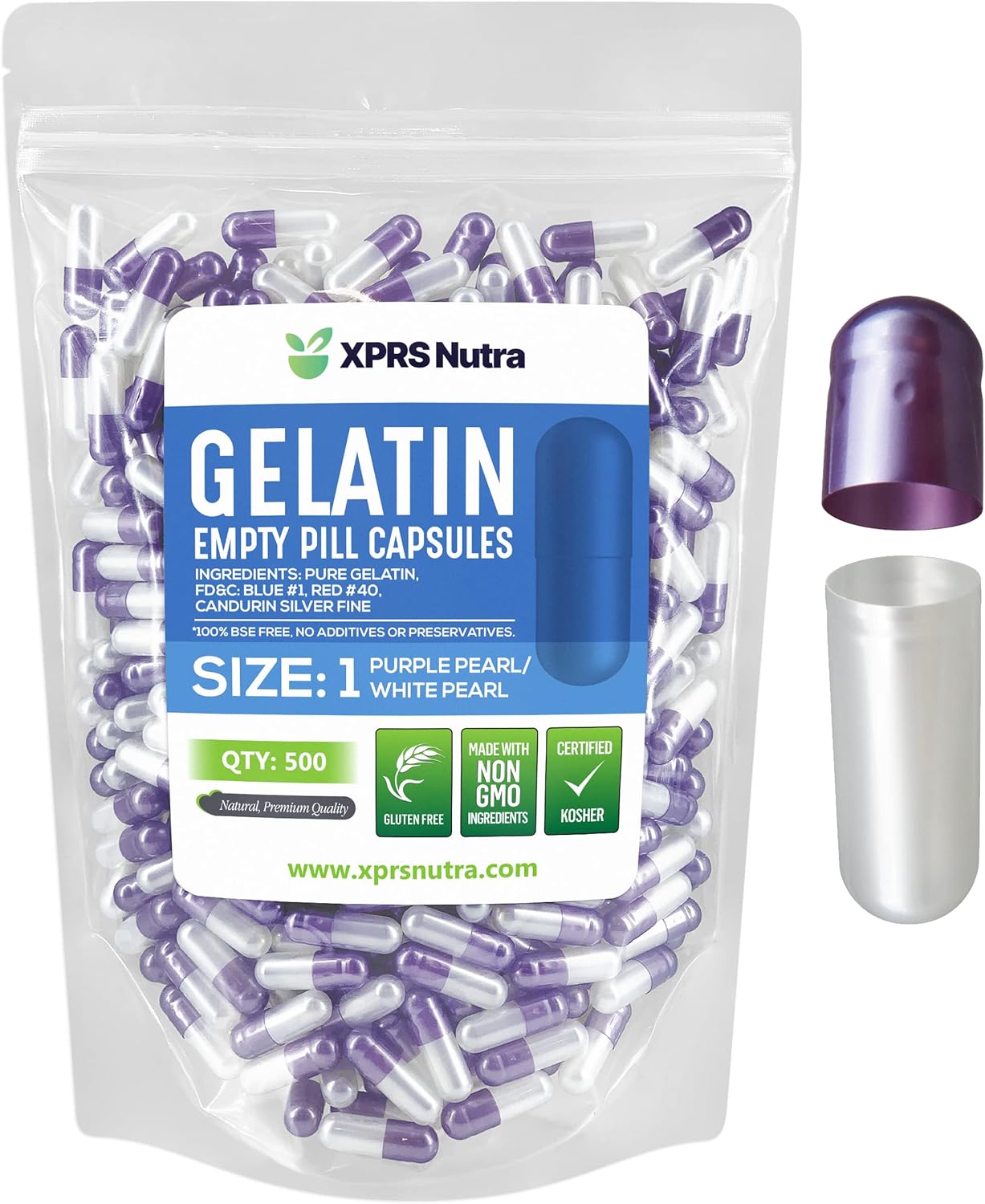 XPRS Nutra Size 1 Empty Capsules - 500 Count Empty Gelatin Capsules - Pill DIY Capsule Filling - Pure Bovine Pill Gel Caps for Do-It-Yourself Supplements Pearl PurpleWhite