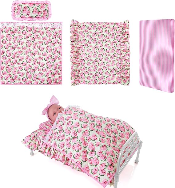 Rakki Dolli 18 Inch Baby Doll Bedding Set, 4-PC Doll Bedding Accessories Includes Blanket / Comforter ,Pillow, Sheet, 18.7*11.4Mattress, Rose Print