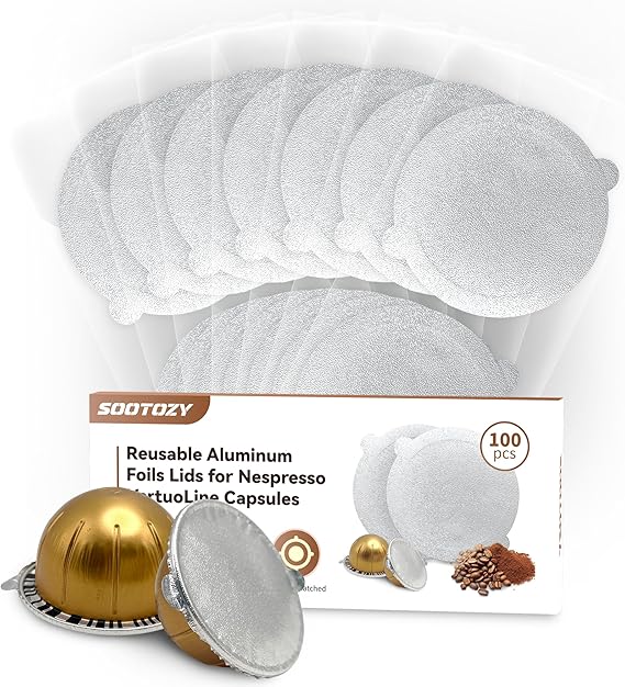 Reusable Pods Aluminum Foil Seals for Nespresso VertuoLine Capsules 100PCS, Refillable Aluminum Covers Foil Seals Lids for Nespresso Vertuo Compatible for Nespresso VertuoPlus Espresso Machine