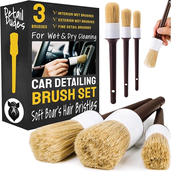 Car Detailing Brush Set 3-Pack - Soft Boar Hair Interior & Exterior Detailing Kit - Car Interior Cleaning Brushes for Leather, Piano Black Trim, Dashboards, Wheels and Engine Bay - Detail Dudes