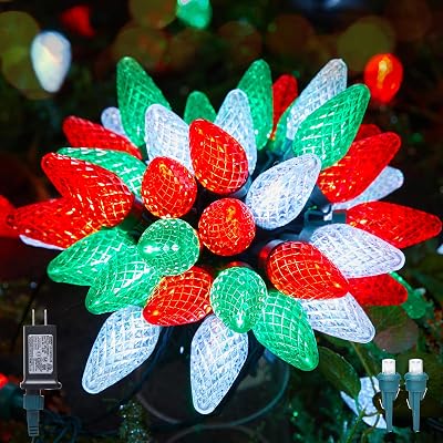 C9 LED Christmas Lights Outdoor, 81 Feet 100 LED String Lights with Timer & 8 Light Mode, Waterproof Connectable Christmas Tree Lights for Outside Indoor Roofline Patio Decor, Red, Green & Pure White