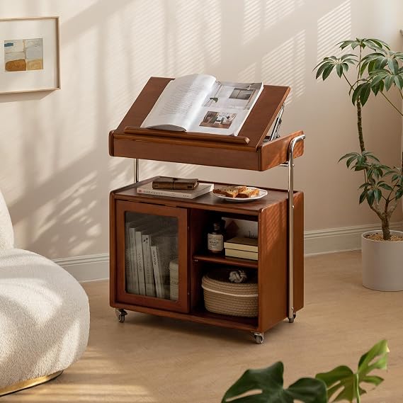 Solid Wood Side Table with Wheels, Mobile End Table with Flip Top and Adjustable Angles, Sofa Table with Multi Storage, Versatile Rolling Bedside Table for Living Room Bedroom (Poplar, Teak Finish)
