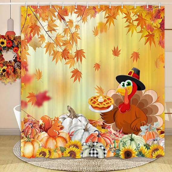 Fall Thanksgiving Turkey Shower Curtain for Bathroom with Hooks 72x72 inch