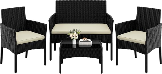 Yaheetech 4-Piece Rattan Conversation Set, Sofa & Glass Table, Black/Beige | Outdoor Handwoven Wicker | PE Rattan Sofa with Soft Cushions | 2 Chairs & Tempered Glass Table | For Yard, Poolside & Garden