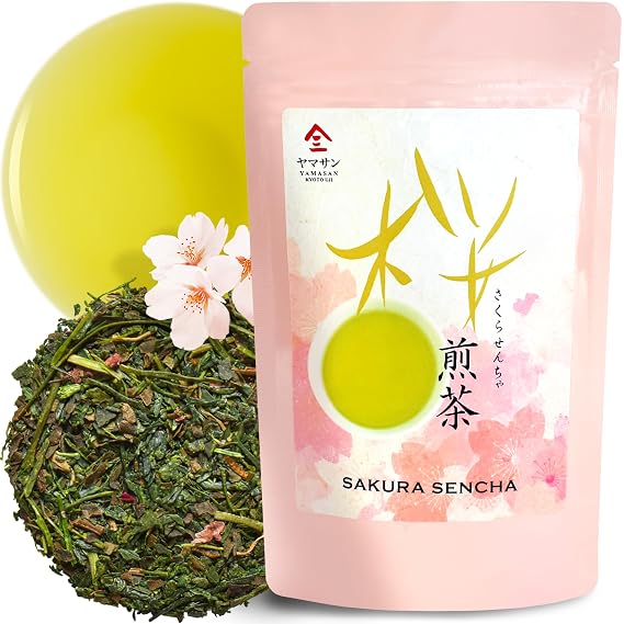 YAMASAN KYOTO UJI Japanese Sakura Sencha Green Tea Loose Leaf 2.8oz | Japanese Cherry Blossom Flavored Sencha Green Tea, Blended with Real Sakura Leaves and Petals, All Natural 80g