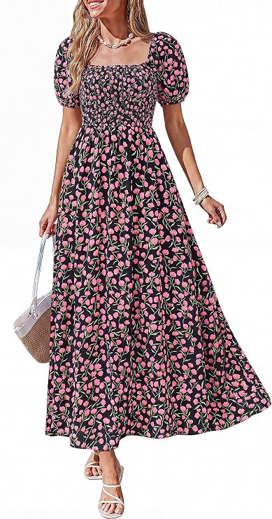 BTFBM Summer Maxi Dresses for Women Wedding Guest Spring Floral Boho Short Sleeve Smocked Beach Graduation Dress 2026