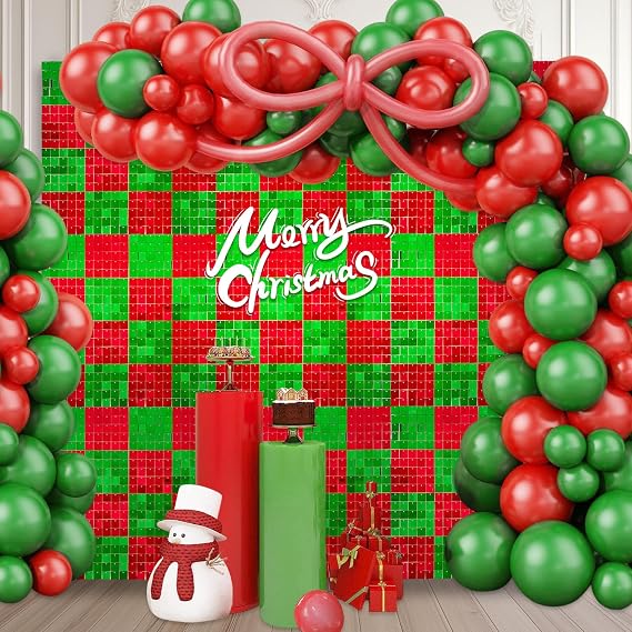 12PCS Red Green Shimmer Wall Backdrop, Laser Square Sequin Photo Backdrops Panel, Glitter Wall Background for Birthdays, Weddings, Christmas, Engagements, Disco Bachelorette Party Decor (3FTx4FT)