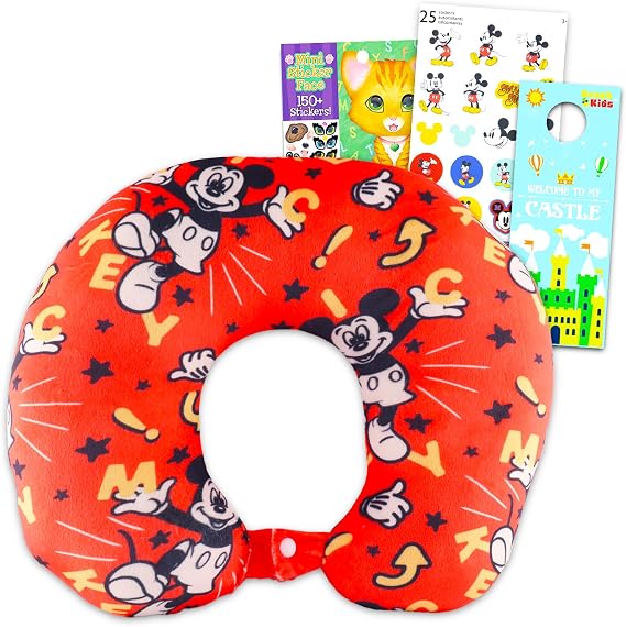 Mickey Mouse Travel Neck Pillow - Bundle with Mickey Neck Pillow for Airplane, Car, Office, More Plus Stickers | Mickey Mouse Travel Accessories Set