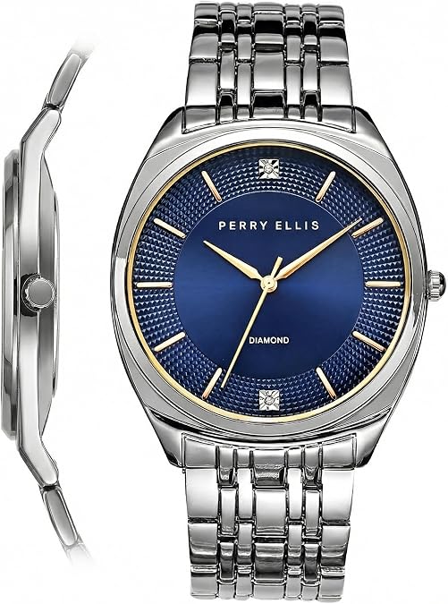 Perry Ellis Ultra Slim Diamond Mens Watch Dark Blue Sunray Dial, Silver Alloy Band, Water-Resistant Analog