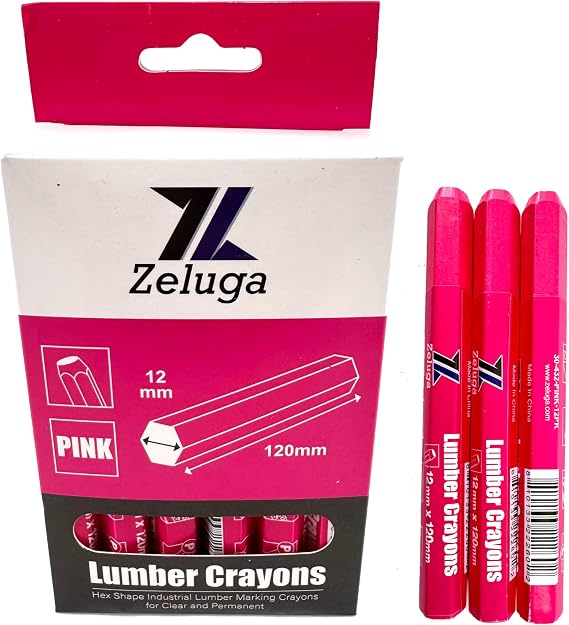 Zeluga 4.7in. x 0.47in. Hex Shape Industrial Lumber Marking Crayons for Clear and Permanent Markings, Pink 12 Pack