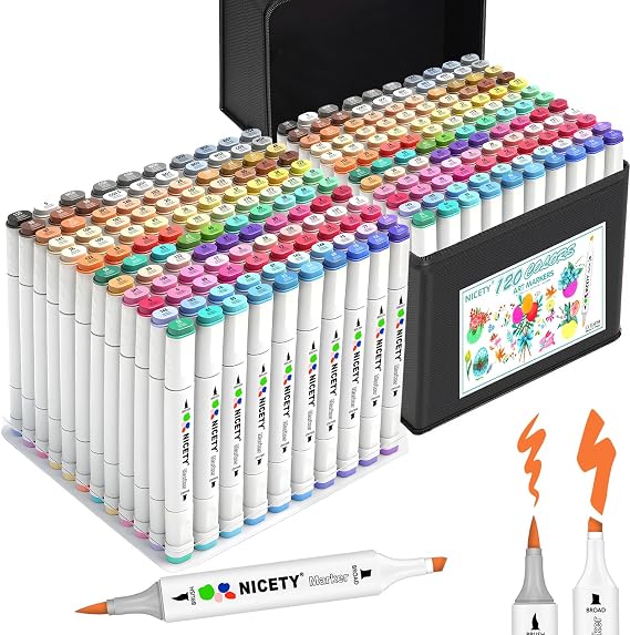 NICETY 120 Colors Alcohol Markers Dual Tip Brush & Chisel Alcohol Based Art Marker Set for Sketching, Drawing, Coloring, Painting, Illustration Markers for Artists, Adults, Beginners