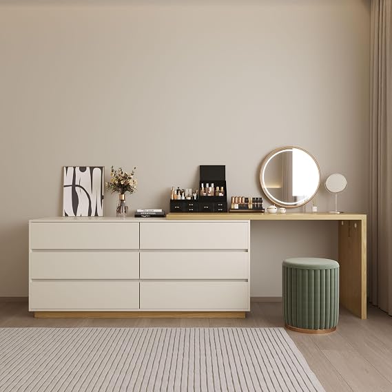 Expandable L-Shaped Corner Vanity Desk with 6 Drawers, Off-White
