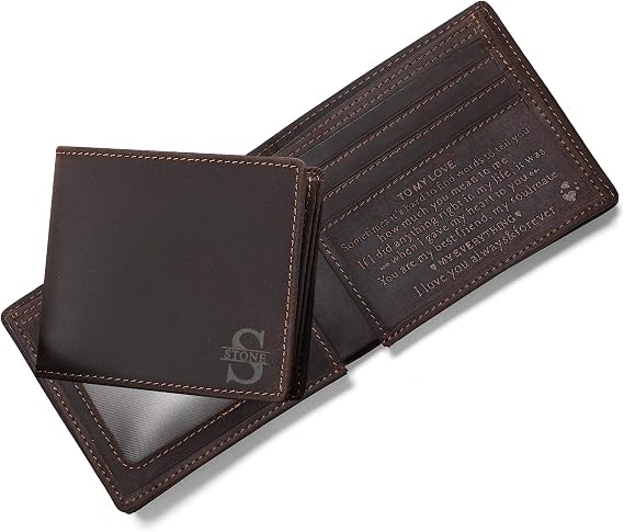 Personalized Engraved Wallet for Husband Boyfriend Dad Son - Fathers Day Valentines Birthday Christmas Anniversary Graduation Wedding - Custom Love Message Bifold Leather Wallets for Men