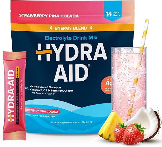 Hydration Energy Powder Drink Mix | Marine-Mineral Electrolytes, Vitamins B C D, Low Sodium | 14 Stick Packs - Strawberry Pina Colada | Vegan, Non-GMO, Gluten Free