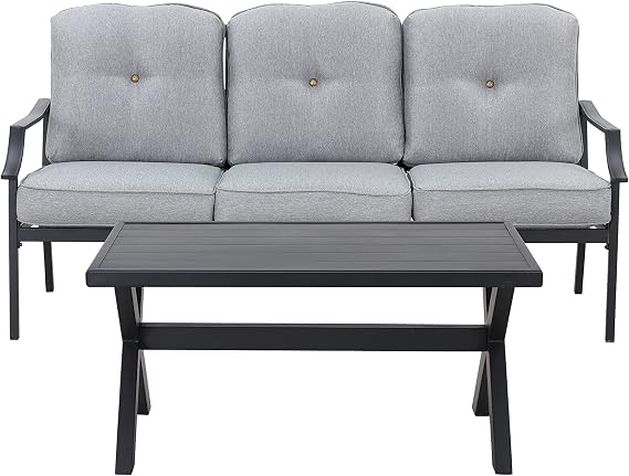LOKATSE HOME Patio Cushioned Loveseat Outdoor 3 Seats Sofa Bench with Metal Coffee Table
