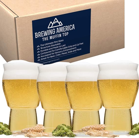 Brewing America The Muffin Top Nucleated Beer Glass for Better Tasting Craft Beer & Cider - Tulip Shape and Nucleation for Enhanced Taste and Aroma for Ultimate IPAs (Muffin Top Clear 4-Pack)