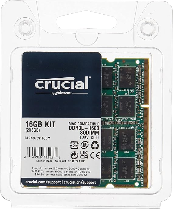 Crucial CT2K8G3S160BM 16GB Kit (8GBx2) DDR3/DDR3L 1600 MT/s (PC3-12800) SODIMM 204-Pin Memory For Mac