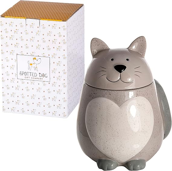 SPOTTED DOG GIFT COMPANY Biscuit Barrel Ceramic Cookie Jar with Lid | Large Novelty Cat Treat Jar & Biscuit Storage | Cute Cats Themed Kitchen Accessories & Decor, Gifts for Cat Lovers Women (Grey)