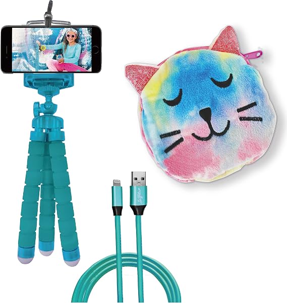 Skylar 3-Piece Smartphone Accessory Kit for Kids Flexible Tripod, 6ft. Charging Cable, Plush Cat Carrying Case (Lucky Kitty) Vlogging, Influencer Kit for Kids