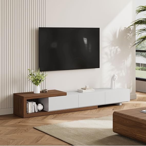 POVISON 70"-100" Extendable TV Stand with Storage Solid Wood White TV Media Console Modern Retractable Entertainment Center Low Reversible TV Stand Partial Assembled Walnut & Oak Veneer