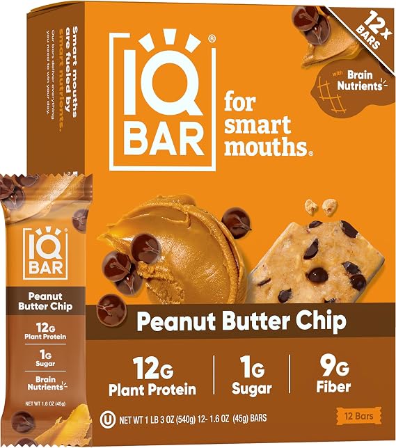 IQBAR Brain and Body Clean Plant Protein Bars - Peanut Butter Chip - 12 Bars - Keto, Vegan, High Fiber, Gluten and Dairy Free, Low Sugar Snack with Nutrients for Focus, Energy, Meal Replacement