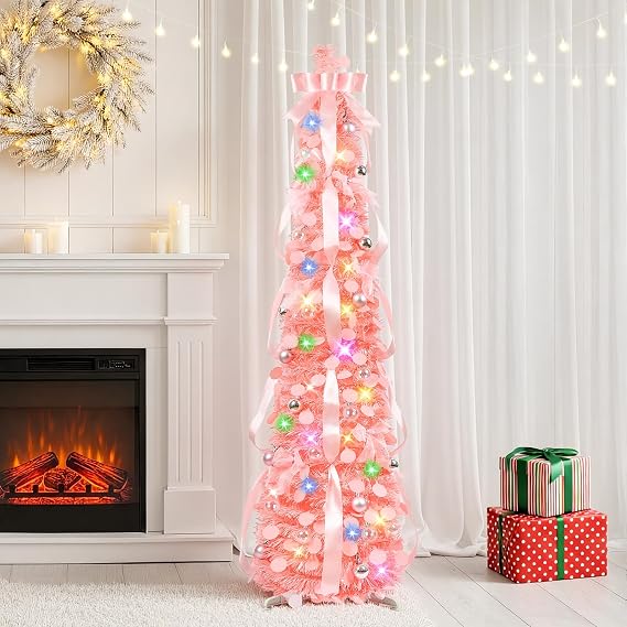 N&T NIETING Pop Up Christmas Tree Decorations Artificial Collapsible Tree with Lights 8Modes&Timer Predecorated Pencil Tinsel Tree for Home Apartment Office Indoor Outdoor Party Xmas Decor, 5FT, Pink