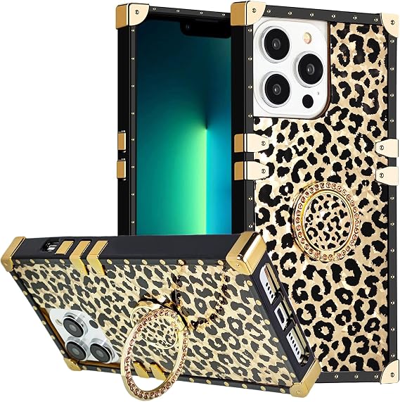 for iPhone 15 Case with Ring for Women, Gold Gorgeous Rhinestone Bling Diamond Kickstand, Premium for iPhone15 6.1'' - Leopard