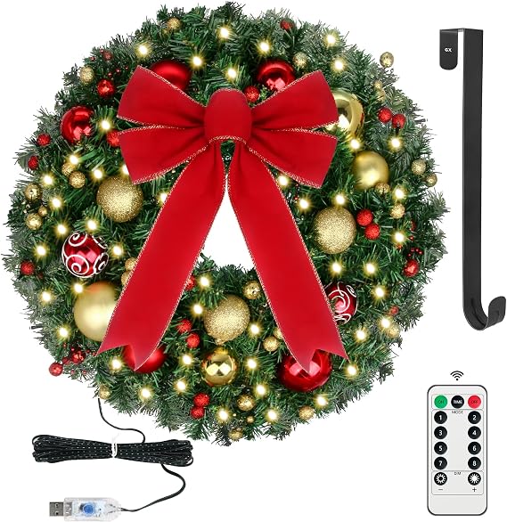 24" Prelit Christmas Wreath with Lights and Remote - Lighted Christmas Door Wreath with 50 Warm White LED Balls Ornaments Bowknot and Wreath Hanger for Christmas Front Door Decorations