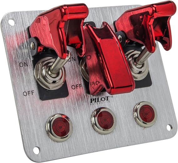Pilot Automotive PL-SW53R Performance 3 Row Red Anodized Safety Cover Toggle Switch with Red Indicator Lights