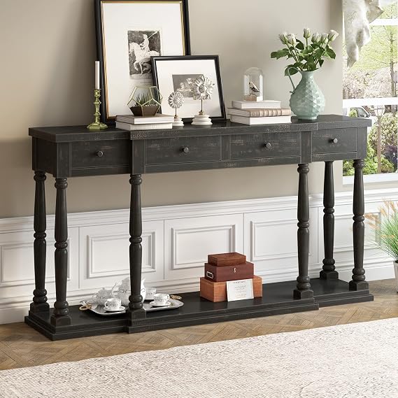 63''Long Retro Senior Console Table with 4 Front Facing Storage Drawers and 1 Open Bottom Shelf, Wooden Sofa Table Sideboard for Hallway Entryway Bedroom Living Room (Antique Black-kkd24)